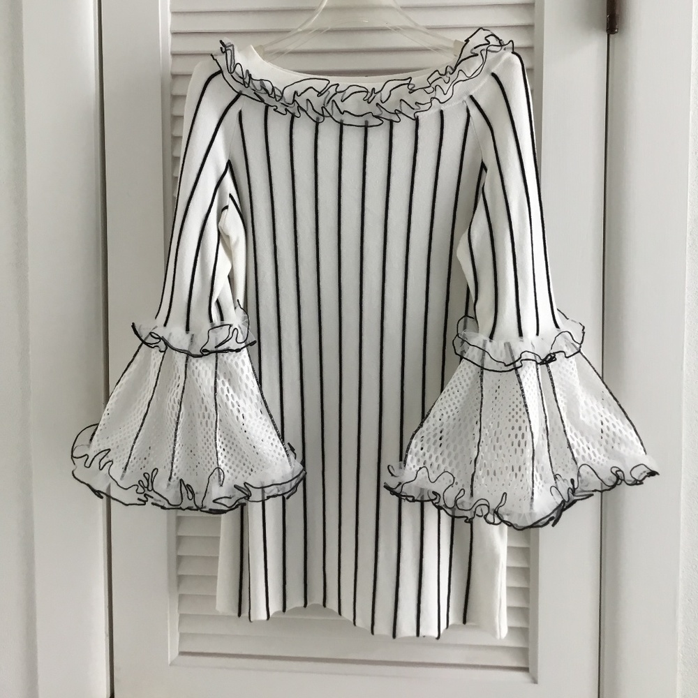 Bell sleeved Knit top White with Black Stripes